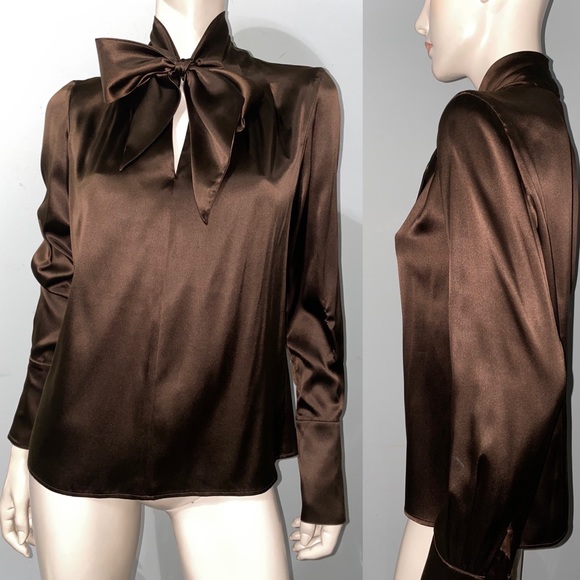 Badgley Mischka Tops - Badgley Mischka Brown Silk Tie Blouse M